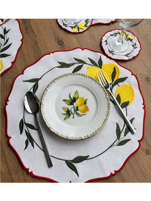 Linoriahome 2’li 40X40 cm Gardenya Kumaş Limon Desenli Amerikan Servis Seti – Kırmızı Kenarlı