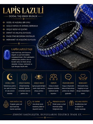 Yıldız Doğal Taş Sertifikalı Lapis Lazuli Siyah Hematit Arpa Kesim Kilitli Doğal Taş Deri Erkek Bileklik