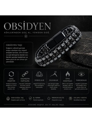 Yıldız Doğal Taş Sertifikalı Obsidyen Disk Model Doğal Taş Erkek Bileklik Kilitli Kapama