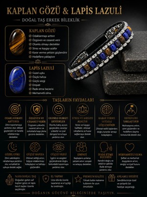 Yıldız Doğal Taş Sertifikalı Kaplan Gözü - Lapis Lazuli Hematit Arpa Kesim Kilitli Doğal Taş Deri Erkek Bileklik