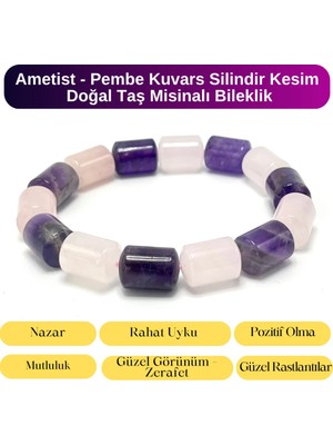 Yıldız Doğal Taş Sertifikalı Ametist ve Pembe Kuvars Silindir Kesim Doğal Taş Misinalı Bileklik