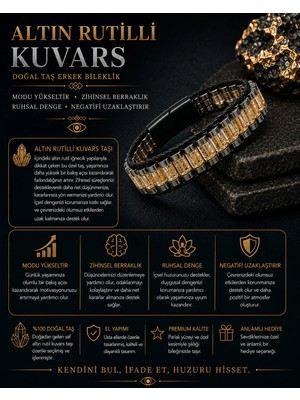 Yıldız Doğal Taş Sertifikalı Altın Rutilli Kuvars Siyah Hematit Silindir Kesim Kilitli Doğal Taş Deri Erkek Bileklik