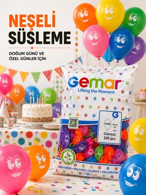 Gemar Gülen Yüz Baskılı Karışık Renk Balon 100 Adet 26 cm (10 Inç) Doğum Günü Parti Balonu