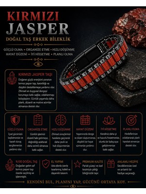 Yıldız Doğal Taş Sertifikalı Kırmızı Jasper Siyah Hematit Silindir Kesim Kilitli Doğal Taş Deri Erkek Bileklik