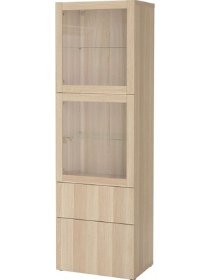 Hobiurun Dolap kombinasyonu, ağartılmış meşe görünümlü-beyaz meşe görünümlü-şeffaf cam, 60x42x192 cm, LAPPVIKEN/SINDVIK, fren raylı
