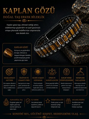 Yıldız Doğal Taş Sertifikalı Kaplan Gözü Siyah Hematit Silindir Kesim Kilitli Doğal Taş Deri Erkek Bileklik