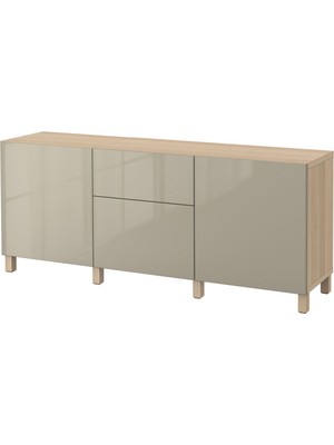 Hobiurun Dolap Kombinasyonu, Ağartılmış Meşe Görünümlü-Parlak Cila-Bej, 180X42X74 Cm, Selsvıken, Çıt Çıt Raylı