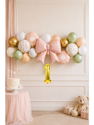 Atölye Mi 1 Yaş Gold Rakamlı Pembe Fiyonk Tema Lateks Balonlu Balon Zinciri Seti SET33 1 Yaş Doğum Günü