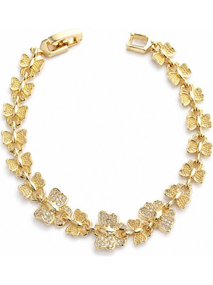 Serelya Pirinç Gold Renk Zirkon Taşlı Kelebek Model Zincir Kadın Bileklik