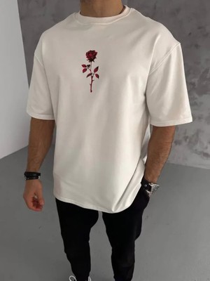 Modi Unisex Bisiklet Yaka Baskılı Oversize T-Shirt - Beyaz