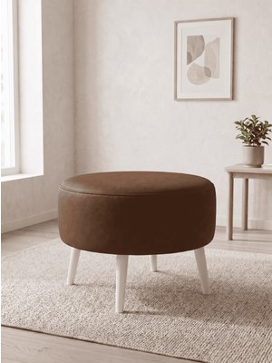 Azra Mobilya Büyük Large Puf Deri Acı Kahve, Ahşap Beyaz Ayaklı Lüks Orta Sehpa ve Makyaj Pufu 60X46 cm