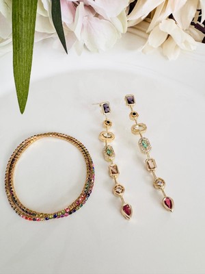 Devi Fashion Yedi Element Küpe ve Suyolu Gold 2’li Takım 8 cm