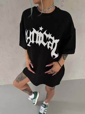 Modi Unisex Bisiklet Yaka Baskılı Oversize T-Shirt - Siyah