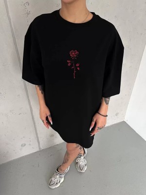 Modi Unisex Bisiklet Yaka Baskılı Oversize T-Shirt - Siyah