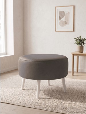 Azra Mobilya Büyük Large Puf Deri Gri , Ahşap Beyaz Ayaklı Lüks Orta Sehpa ve Makyaj Pufu 60X46 cm