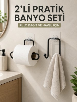 Stylmenplus 2’li Yapışkanlı Banyo Düzenleme Seti Rulo Kağıt Tutucu ve Havlu Askılığı