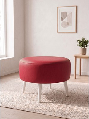 Azra Mobilya Büyük Large Puf Deri Kırmızı, Ahşap Beyaz Ayaklı Lüks Orta Sehpa ve Makyaj Pufu 60X46 cm
