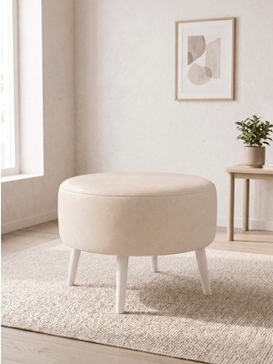 Azra Mobilya Büyük Large Puf Deri Krem , Ahşap Beyaz Ayaklı Lüks Orta Sehpa ve Makyaj Pufu 60X46 cm