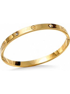 Serelya 316L Çelik Gold Renk Zirkon Taşlı 65 mm Kadın Kelepçe Bileklik