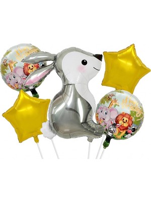 Patladı Gitti 5’li Tavşan Temalı Happy Birthday Folyo Balon Seti – Safari ve Orman Konseptli Parti Süsü