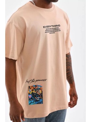 Modi Unisex Bisiklet Yaka Baskılı Oversize T-Shirt - Bej