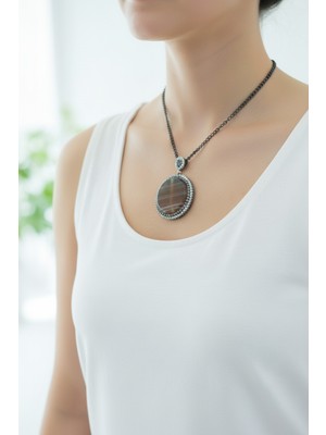 Moda Accessories Kaplan Gözü Doğal Taş Nazarlık Yuvarlak Zirkon Taşlı Kolye Ucu