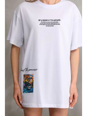 Modi Unisex Bisiklet Yaka Baskılı Oversize T-Shirt - Beyaz
