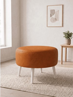 Azra Mobilya Büyük Large Puf Deri Taba, Ahşap Beyaz Ayaklı Lüks Orta Sehpa ve Makyaj Pufu 60X46 cm