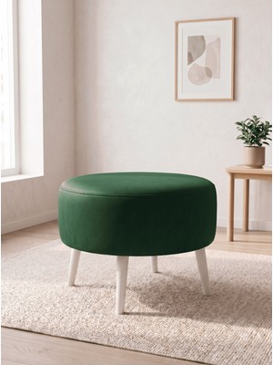 Azra Mobilya Büyük Large Puf Deri Yeşil, Ahşap Beyaz Ayaklı Lüks Orta Sehpa ve Makyaj Pufu 60X46 cm