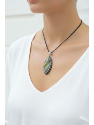 Moda Accessories Oval Nazarlık Zirkon Taşlı Doğal Taş Kolye Ucu Kaplan Gözü