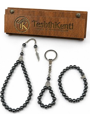 Tesbihkenti Hediye Ahşap Kutulu Hematit Tesbih Bileklik Anahtarlık Seti