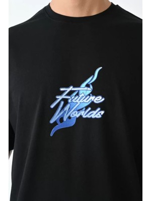 Modi Unisex Bisiklet Yaka Baskılı Oversize T-Shirt - Siyah