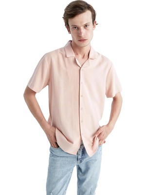 Happy Trend Defacto Erkek Regular Fit Apaş Yaka Keten Karışımlı Kısa Kollu Gömlek
