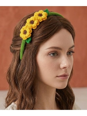 Daisy Tasarım El Yapımı Örgü Çiçekli Saç Bandı Sarı Çiçekli Yeşil Yapraklı Taç