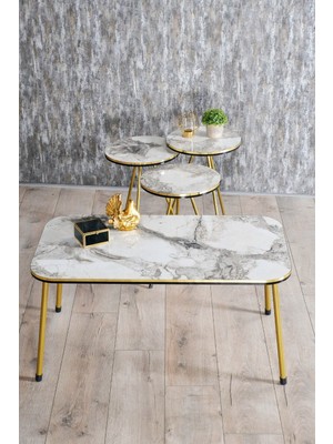 Quattro Home Beyaz ve Gold Metal Ayaklı 4'lü Sehpa Seti