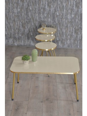 Quattro Home Gold Metal Düz Ayak 4'lü Sehpa Seti Krem