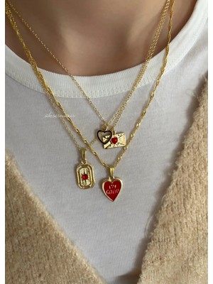Aksesuaris 3'lü Gold Kırmızı Kalp Charm Love Kolye Set