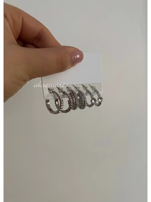 Aksesuaris Işıltılı Çoklu Halka Küpe Seti – Zirkon Taşlı Burgu & Vintage Minimal Kadın Küpe Kombini 6’lı Set