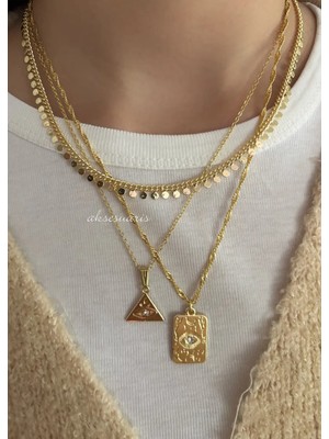 Aksesuaris 3'lü Pullu Zincir Zirkon Taşlı Gold Kadın Kolye Set