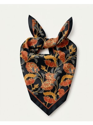 Nurfemina Otantik Siyah Kiremit Çiçek Desenli -  Twill Ipek Dokulu - Çok Amaçlı Kare Bandana Fular Boyun ve Çanta Aksesuarı