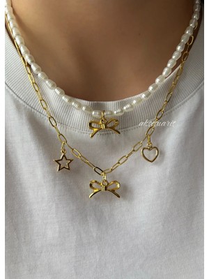 Aksesuaris 2'li Inci Kurdele Gold Charm Kalp Yıldız Kadın Kolye Set