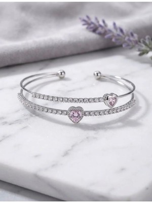 Vip Silver Pembe Kalp Taşlı Kelepçe