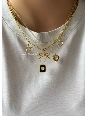 Aksesuaris 3'lü Gold Kalp Yıldız Kurdele Charm Kolye Set
