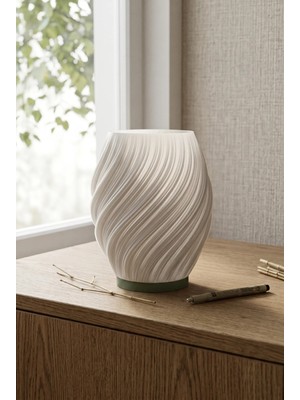 Aqua Estetik Dalga Formlu Modern Dekoratif Gece Lambası ve Abajur - Zeytin Yeşil / Beyaz