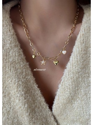 Aksesuaris Gold Çoklu Yıldız Kalp Charm Kolye