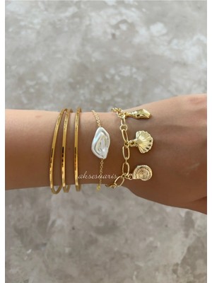 Aksesuaris 2'li Inci Deniz Kabukları Gold Bileklik Set Kombin