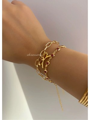 Aksesuaris 2'li Kalp Taşlı Kurdele Gold Kadın Bileklik Kombin Set