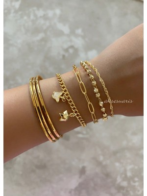 Aksesuaris 4'lü Gold Zincir Kadın Bileklik Set Kombin - Kelebek Gold Yıldız Dörtlü Kadın Bileklik Kombin