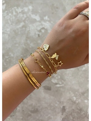 Aksesuaris 3'lü Gold Zirkon Taş Kalp Yıldız Charm Kadın Bileklik Set