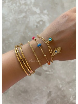 Aksesuaris Gold Renk Doğal Taşlı Nazar Kadın 3'lü Zincir Kombin Bileklik Set